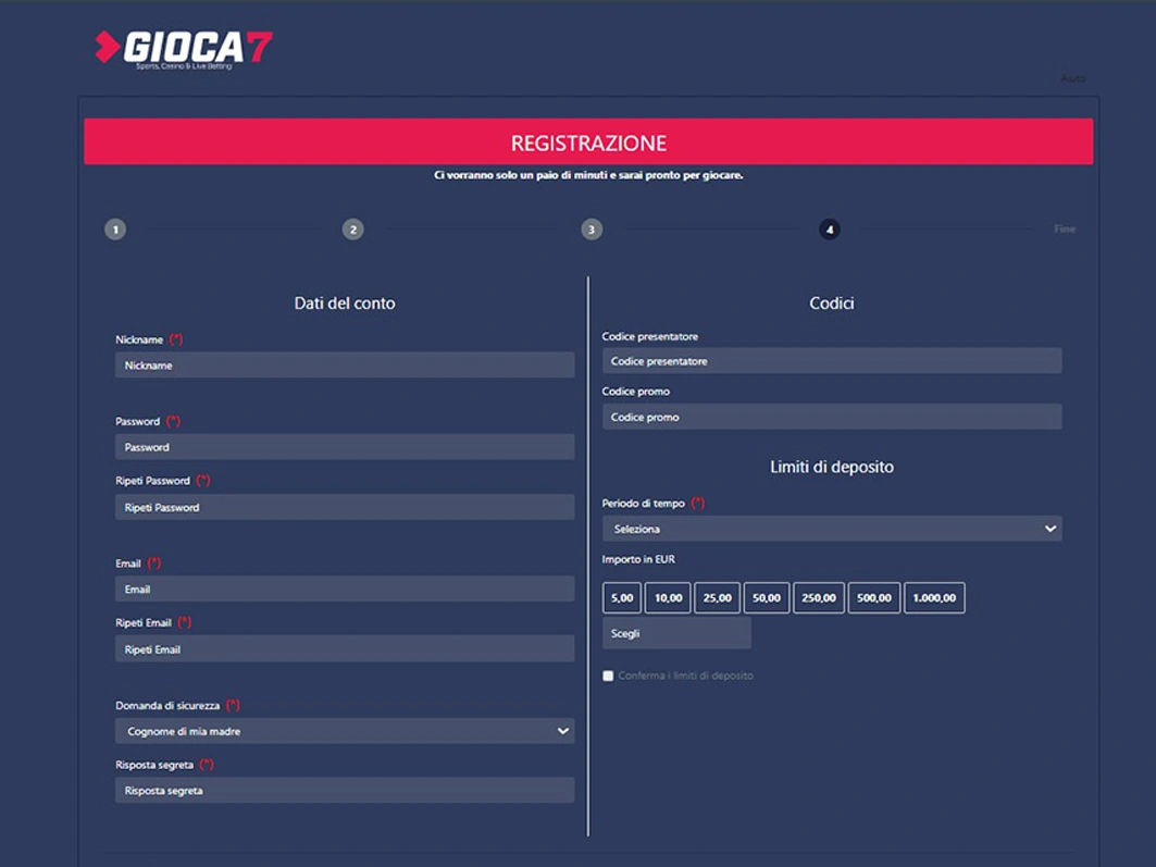 Modulo con credenziali del conto, codice promo, limiti di deposito e pulsante Registrati
