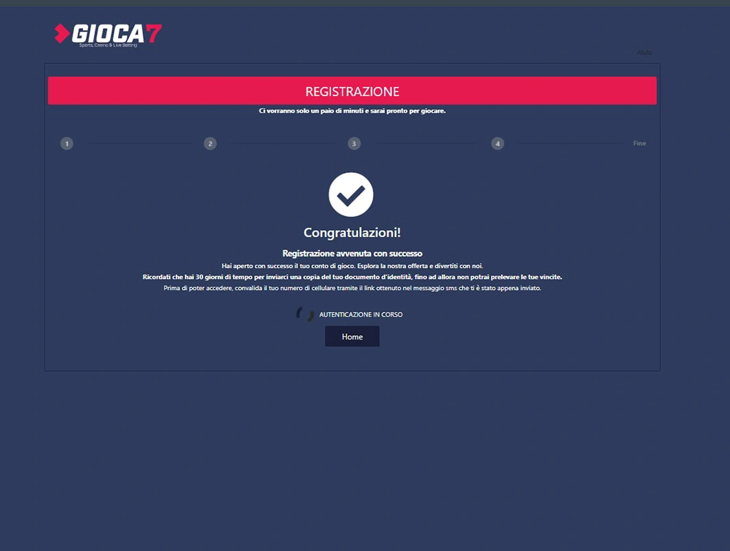 Pagina di conferma registrazione con stato Autenticazione in corso e pulsante Home